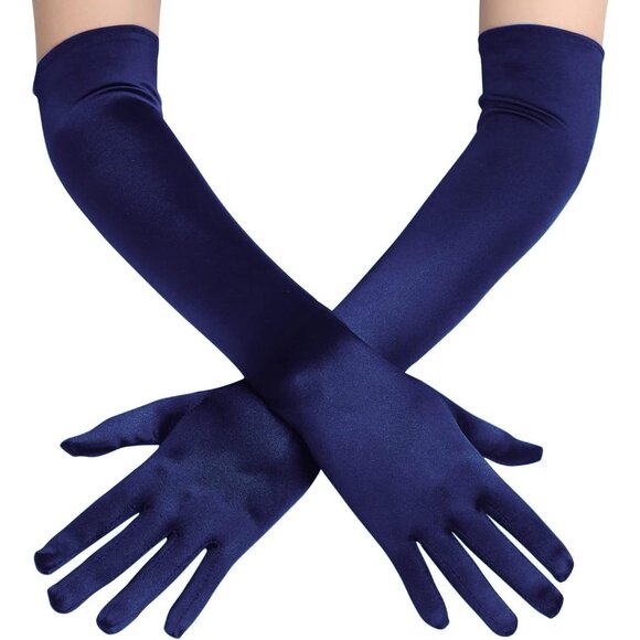 Women's Dark Blue Long Opera Party 20s Satin Gloves Stretchy Elbow Length - Picture 3 of 7